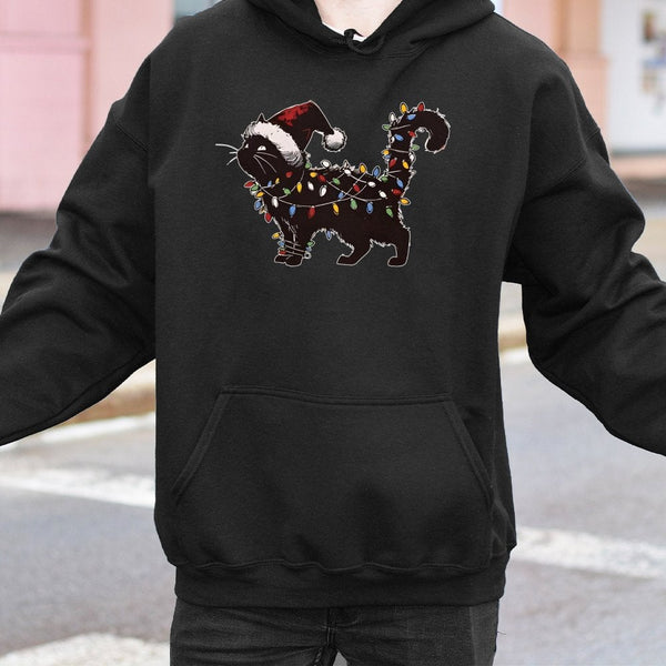 Festive Holiday String Lights Sweatshirt, Black Cat Christmas Hoodie, Adorable Spooky Cat Lover Xmas Pullover Hoodie, Humorou