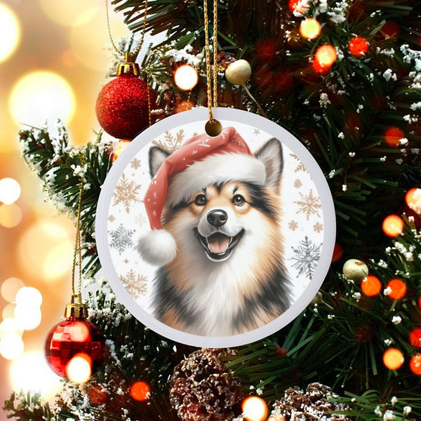 Santa Hat Dog Ceramic Ornament, Fluffy Puppy Christmas Ornament, Snowflake Holiday Tree Decor, Festive Pet Keepsake Present f
