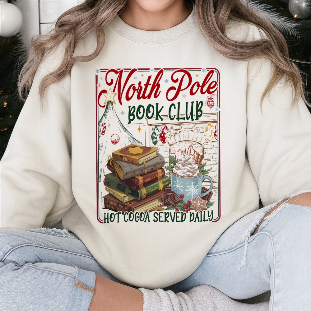 Comfy Christmas Reader Graphic Crewneck, North Pole Book Club Sweatshirt, Adorable Holiday Bookish Pullover, Xmas Book Lover 