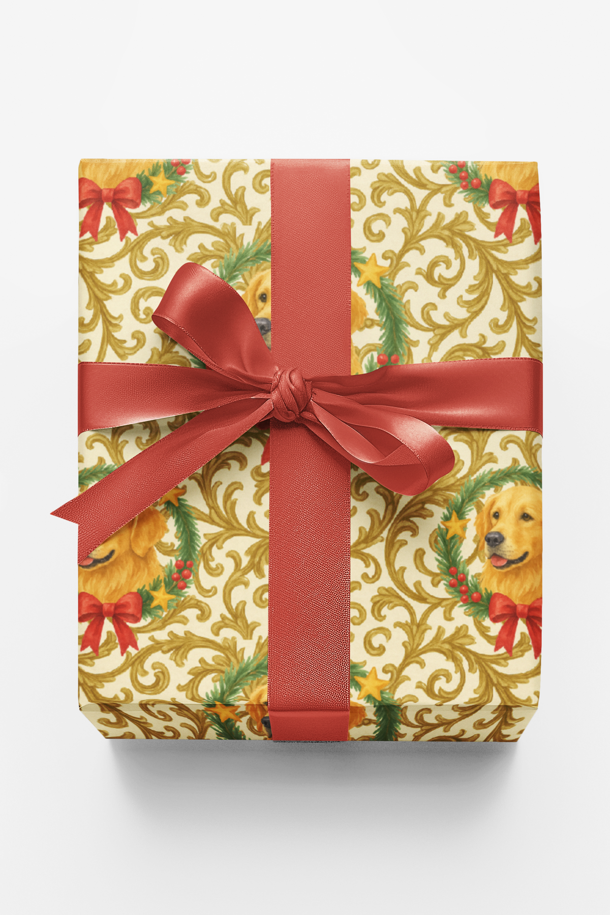 Festive Holiday Wreath Gift Wrap, Golden Retriever Wrapping Paper, Gold Filigree Christmas Wrapping Paper, Dog Lover Gift Wra