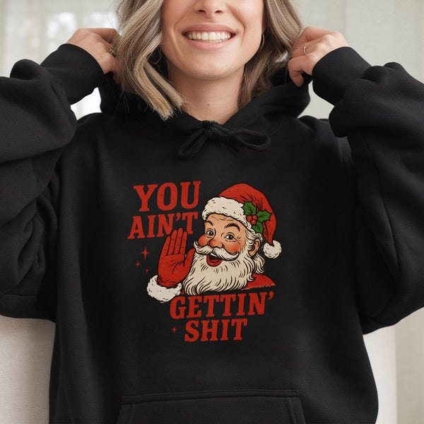 Humorous Santa Christmas Sweatshirt, You Ain't Gettin' Sh Hoodie, Naughty List Holiday Hooded Pullover, Adult Humor Xmas Grap
