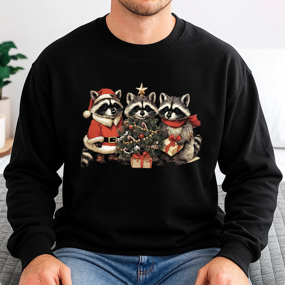 Festive Woodland Animal Holiday Sweater, Adorable Raccoon Christmas Sweatshirt, Comfy Trash Panda Xmas Pullover, Retro Winter