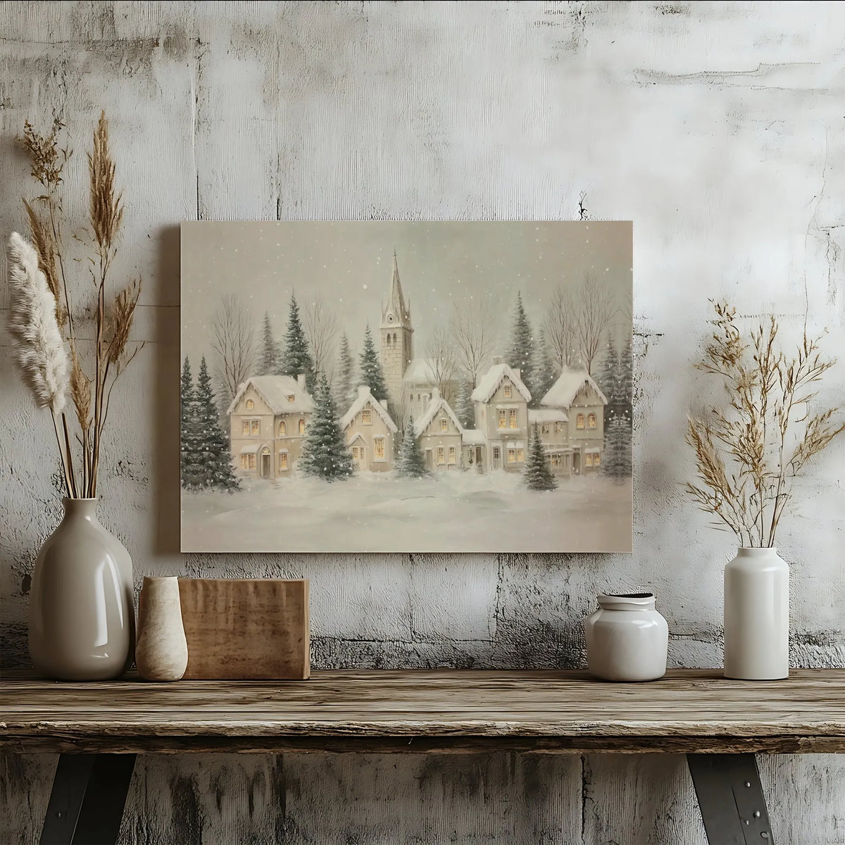 Winter Church Town Landscape Canvas Print, Snowy Christmas Village Canvas Wall Art, Festive Holiday Wall Decor, Merry Xmas Ho