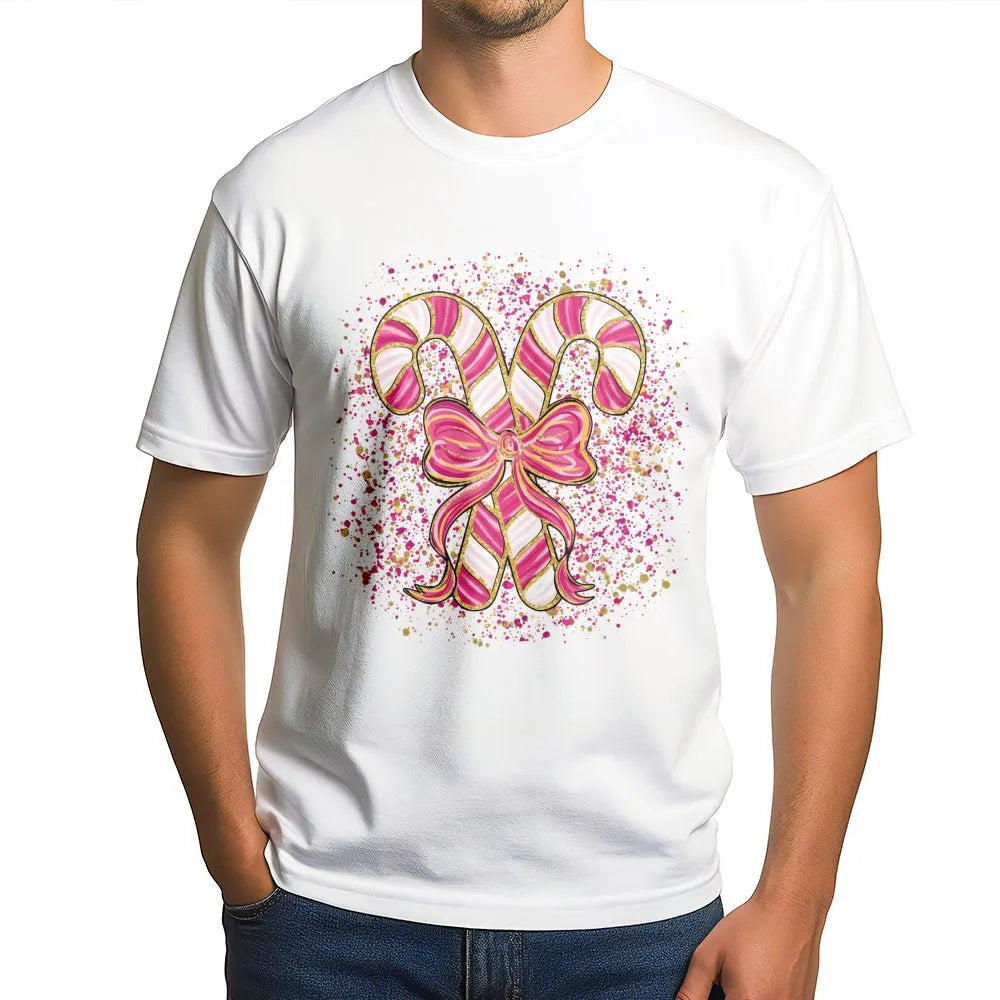 Coquette Bow Graphic Tee, Pink Candy Cane Christmas T-Shirt, Preppy Holiday Shirt, Adorable Aesthetic Xmas Graphic T-Shirt, P