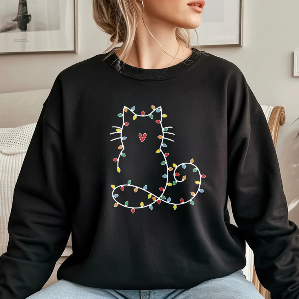 Festive Kitten Holiday Crewneck, Cat Christmas Lights Sweatshirt, Adorable Pet Lover Winter Sweater, Comfy Xmas Party Present