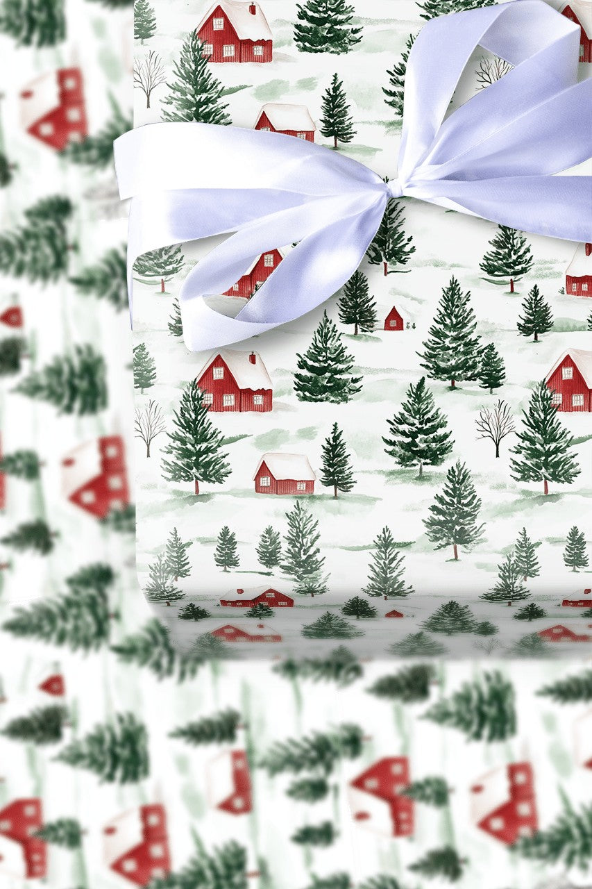 Pine Tree Christmas Gift Wrap, Watercolor Snowy Village Wrapping Paper, Winter Village Holiday Wrapping Paper, Rustic Xmas Gi
