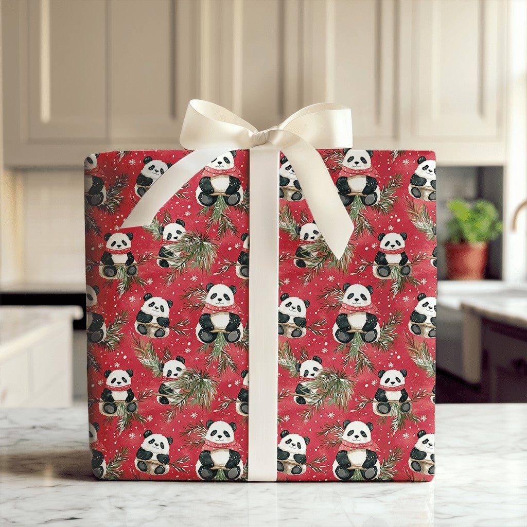 Scarf Panda Bear Holiday Gift Wrap, Red Christmas Panda Wrapping Paper, Adorable Winter Panda Wrapping Paper, Festive Animal 