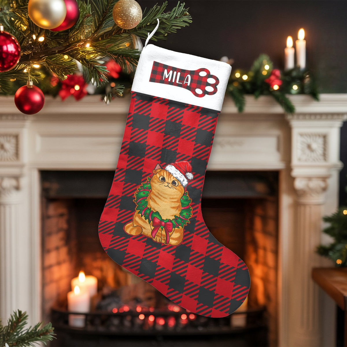 Red Buffalo Plaid Pet Holiday Stocking, Personalized Cat Christmas Stocking, Custom Name Xmas Cat Stocking, Adorable Pet Love