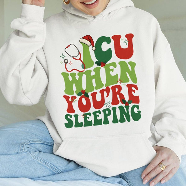 Humorous Medical Holiday Hooded Sweatshirt, ICU Nurse Christmas Hoodie, Adorable RN Winter Pullover, Nursing Student Xmas App