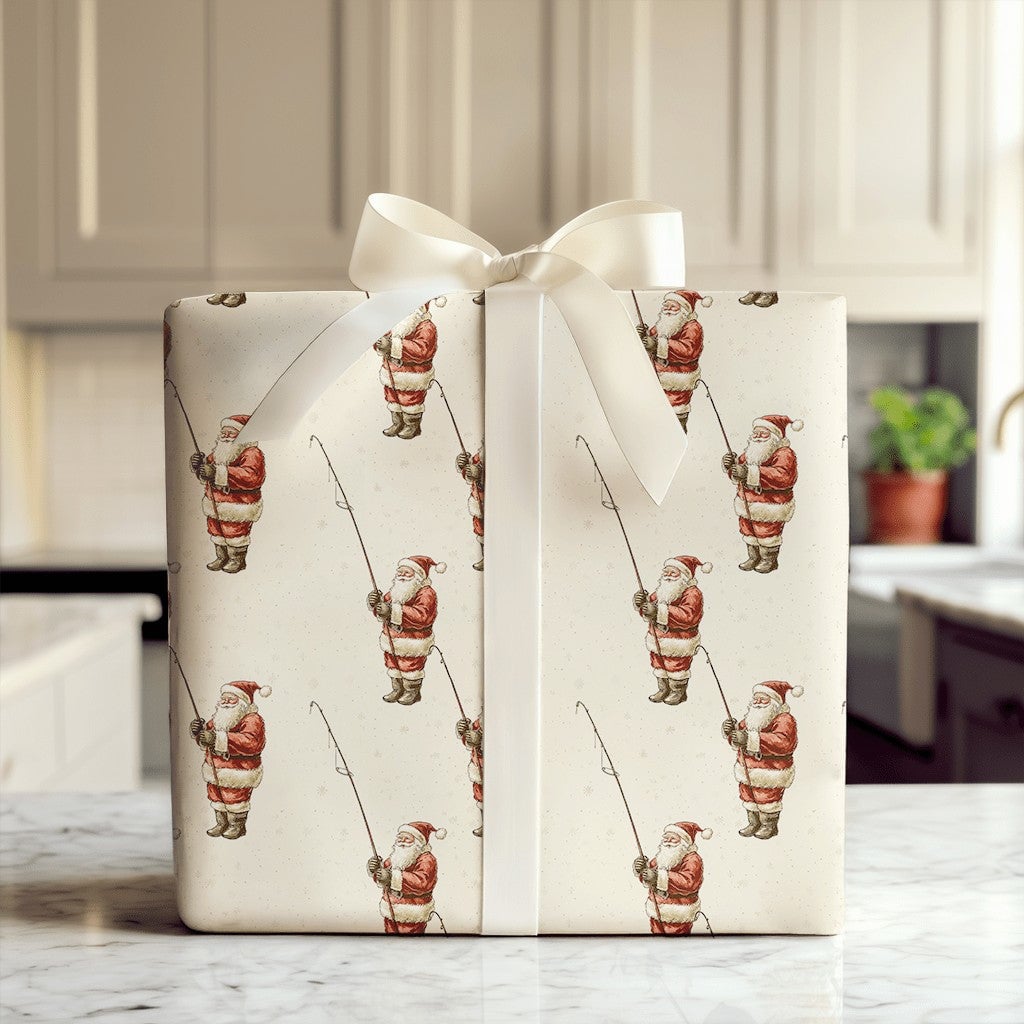 Vintage Angler Christmas Gift Wrap, Fishing Santa Claus Wrapping Paper, Fisherman Holiday Wrapping Paper, Outdoor Sportsman P