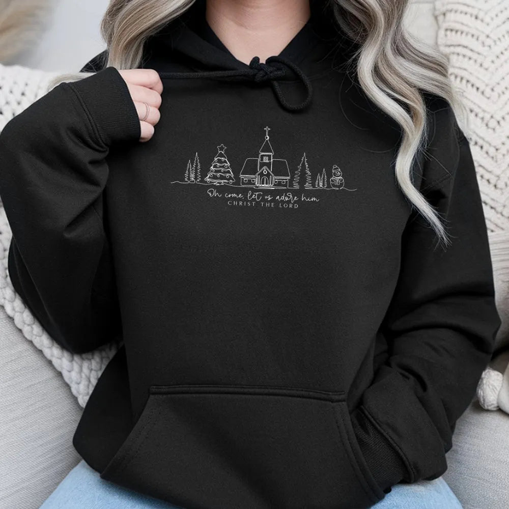 Minimalist Christian Christmas Hoodie, Oh Come Let Us Adore Him Hoodie, Line Art Faith Holiday Pullover, Nativity Religious C