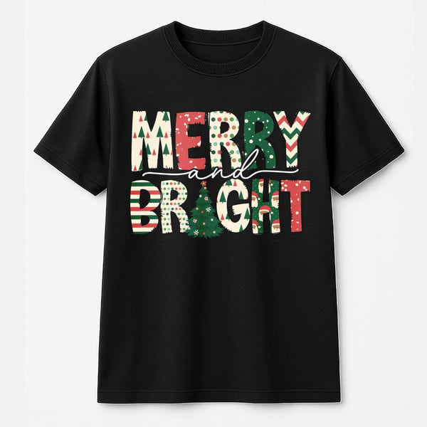 Festive Pattern Lettering Holiday Shirt, Merry and Bright Christmas T-Shirt, Retro Xmas Graphic Tee, Holiday Season Family Pr