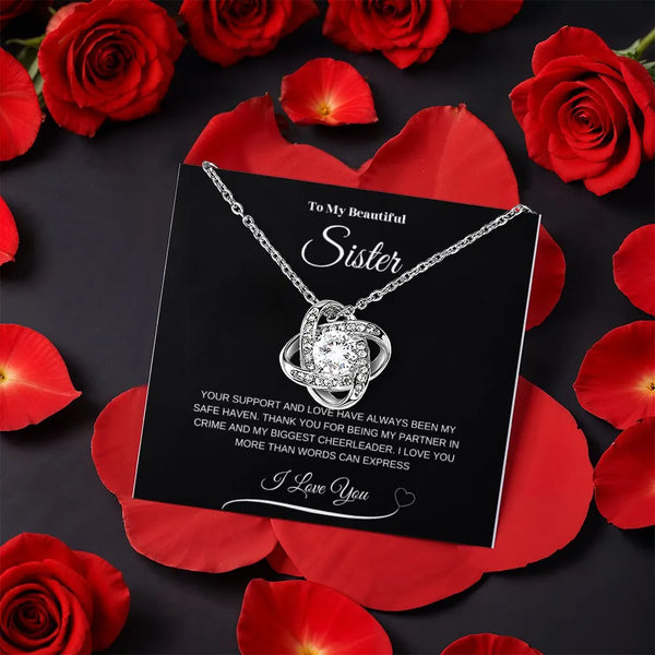 Sparkling CZ Crystal Sister Pendant, To My Sister Love Knot Necklace, Gold Finish Sister Jewelry, Meaningful Birthday Christm