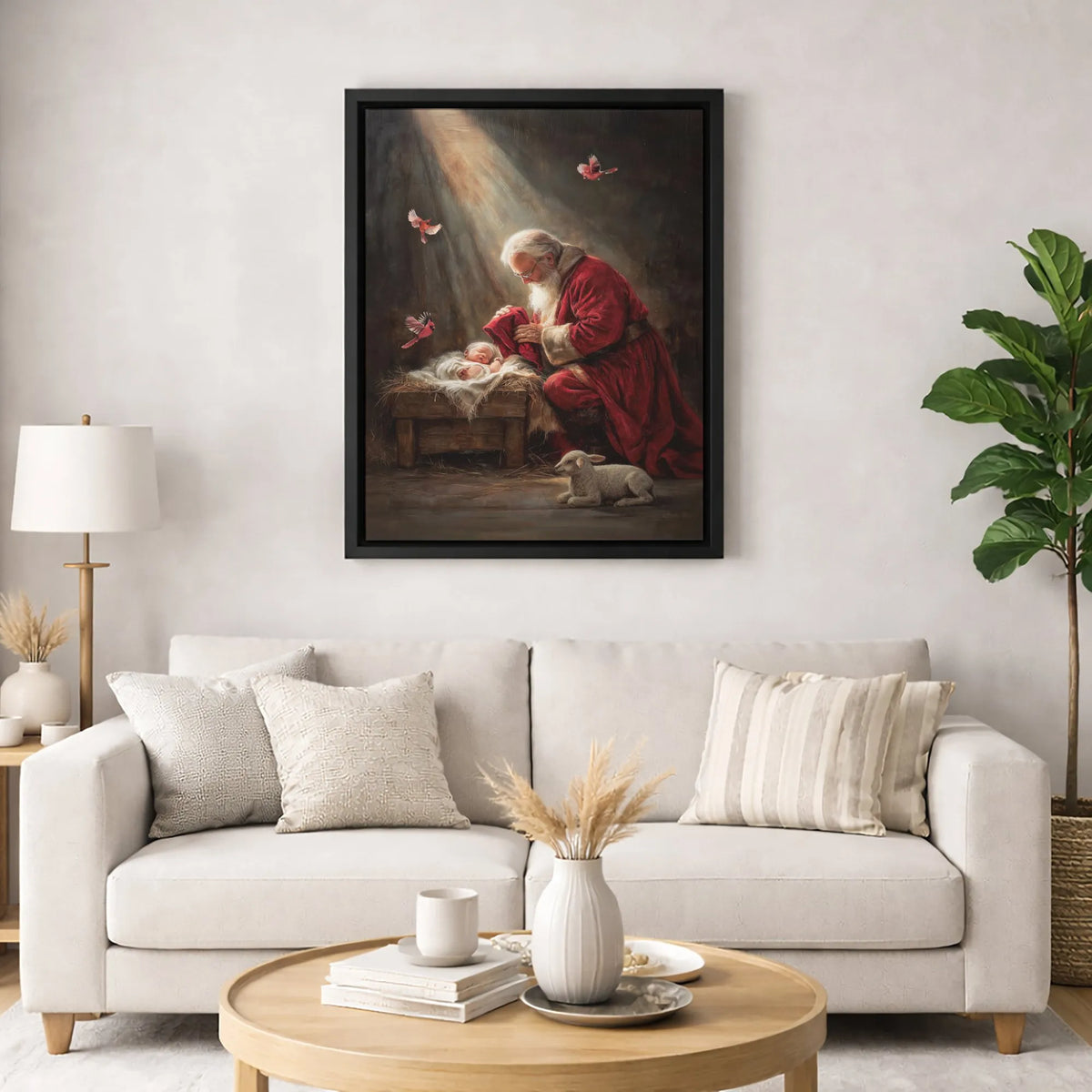 Religious Christmas Nativity Canvas Wall Art, Santa Kneeling at Manger Canvas Print, Holy Night Faith Canvas, Christian Holid