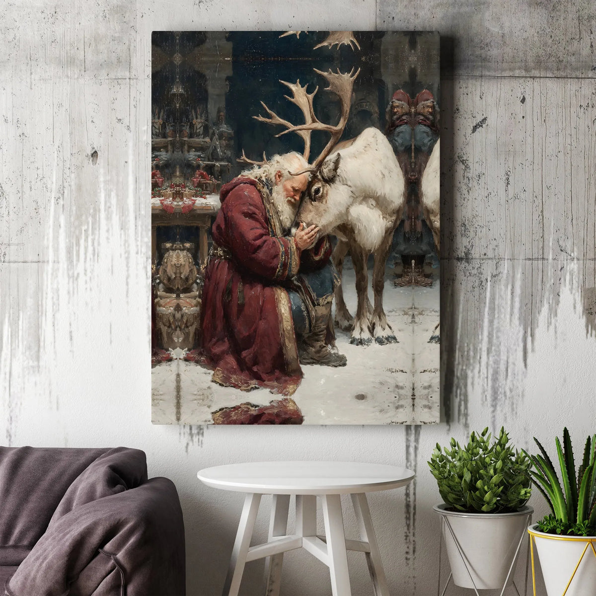 Winter Holiday Painting Canvas Print, Santa Claus and Reindeer Canvas Wall Art, Christmas Season Canvas Decor, Festive Holida
