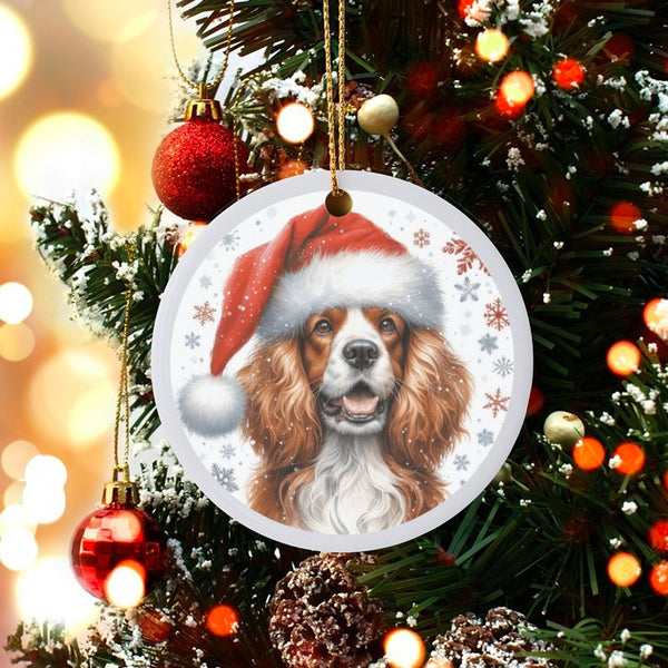 Santa Hat Dog Christmas Ornament, Cavalier King Charles Spaniel Ornament, Puppy Ceramic Ornament, Pet Lover Holiday Tree Keep