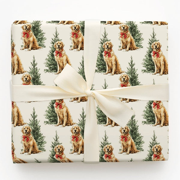Dog with Red Bow Holiday Gift Wrap, Golden Retriever Christmas Wrapping Paper, Festive Puppy Wrapping Paper, Dog Lover Presen