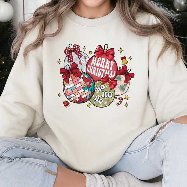 Disco Ball Holiday Graphic Crewneck, Retro Christmas Ornaments Sweatshirt, Coquette Bow Xmas Sweater, Festive Winter Holiday 