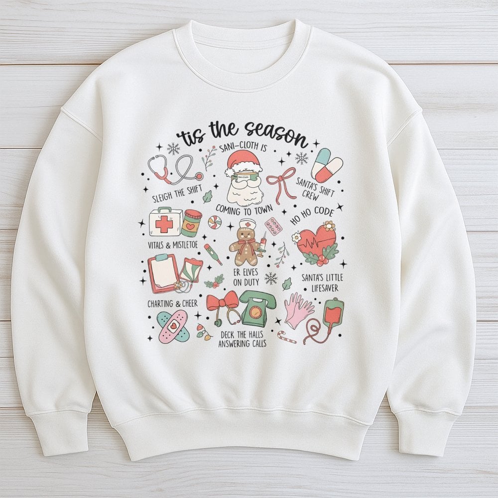 Humorous Medical Holiday Icons Crewneck, Nurse Christmas Sweatshirt, RN Hospital Staff Xmas Sweater, Healthcare Worker Holida