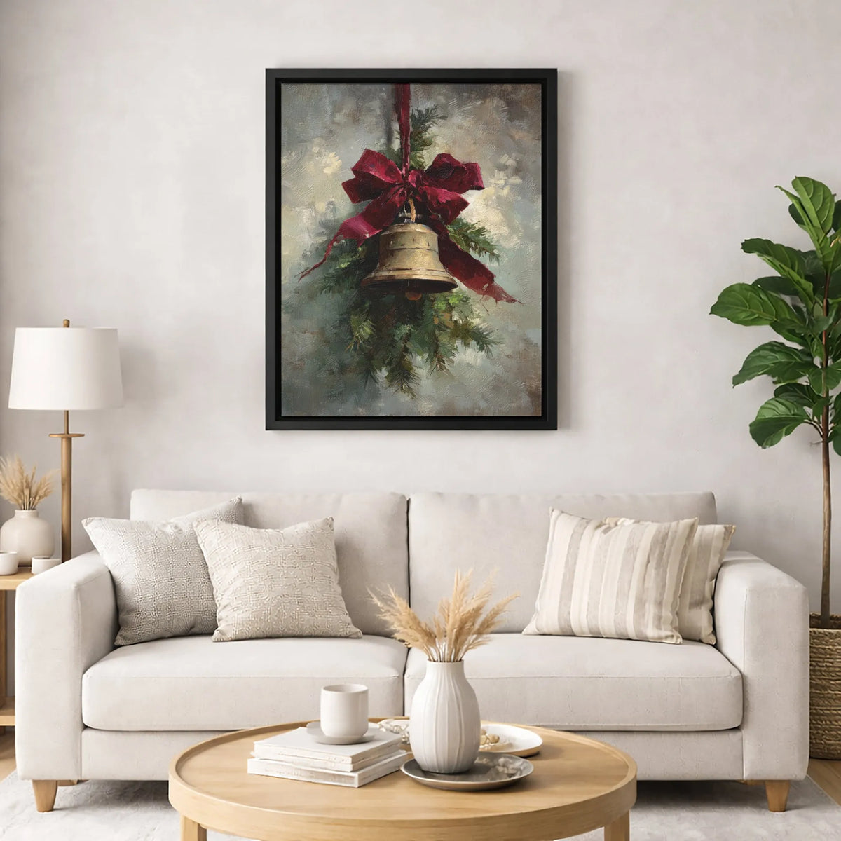 Pine Red Ribbon Canvas Wall Art, Christmas Bell Vintage Oil Painting Print, Rustic Holiday Canvas Decor, Xmas Present Digital
