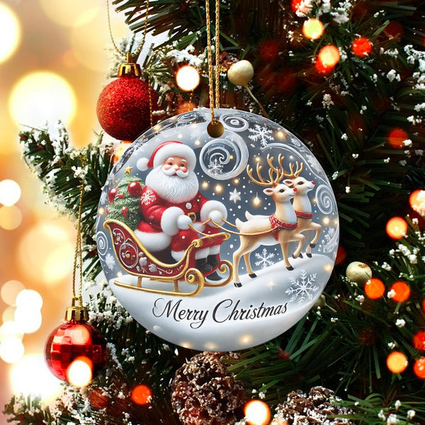 Reindeer Sleigh Holiday Ornament, Santa Claus Christmas Ornament, Ceramic Xmas Tree Ornament, Festive Keepsake, Holiday Home 