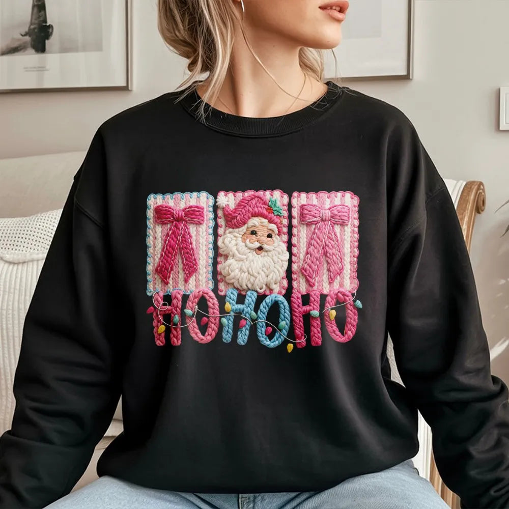 Faux Yarn Crochet Effect Crewneck, Santa Claus Christmas Sweatshirt, Retro Holiday Graphic Sweater, Comfy Winter Xmas Apparel