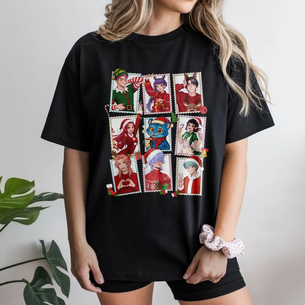 Adorable Manga Character Holiday Tee, Anime Christmas T-Shirt, Festive Otaku Xmas Shirt, Kpop Anime Graphic Shirt, Japanese M