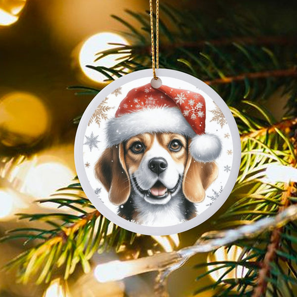 Santa Hat Dog Ceramic Ornament, Beagle Christmas Ornament, Festive Hound Puppy Tree Ornament, Dog Lover Holiday Keepsake Deco