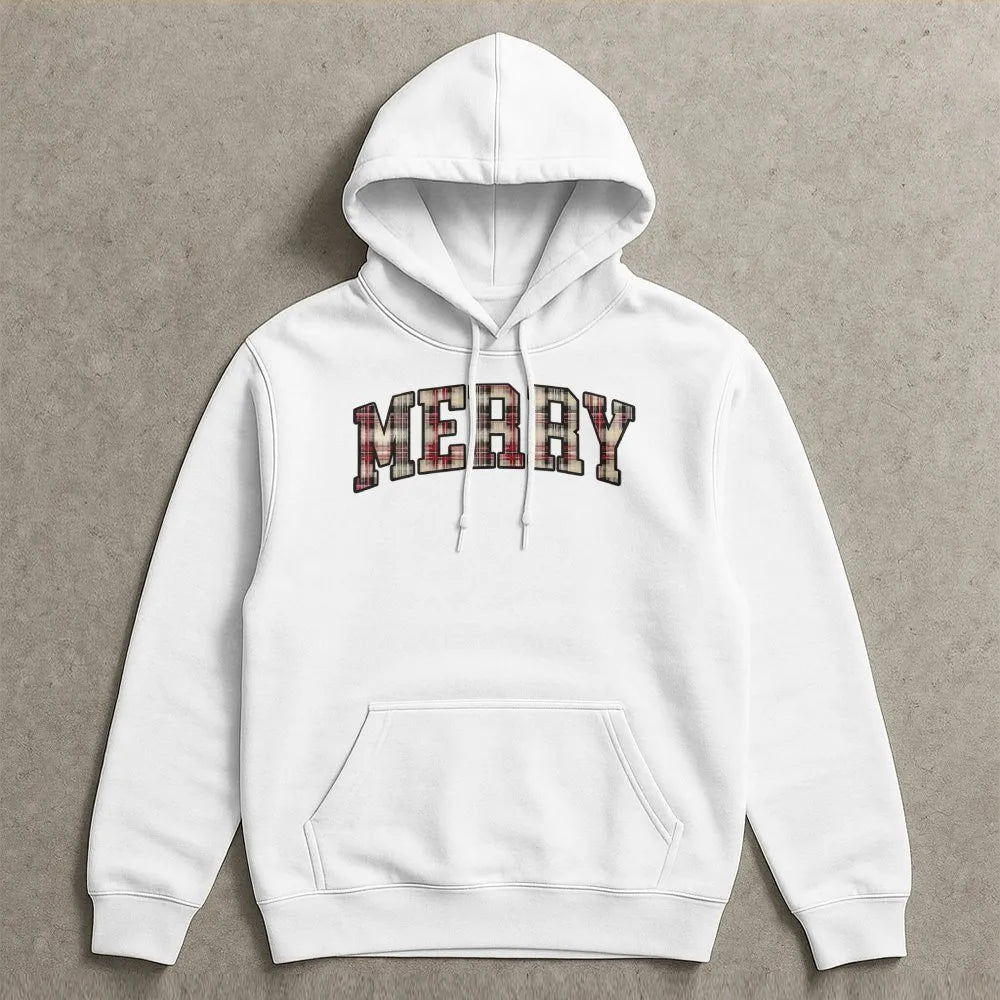 Plaid Varsity Lettering Christmas Hoodie, Merry Christmas Hoodie, Retro Holiday Hoodie, Comfy Winter Graphic Sweatshirt, Pres