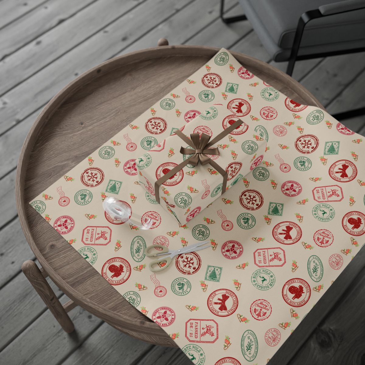 Festive Postal Stamp Holiday Gift Wrap, Vintage Christmas Wrapping Paper, Retro Postage Wrapping Paper Roll, Xmas Gift Wrap P