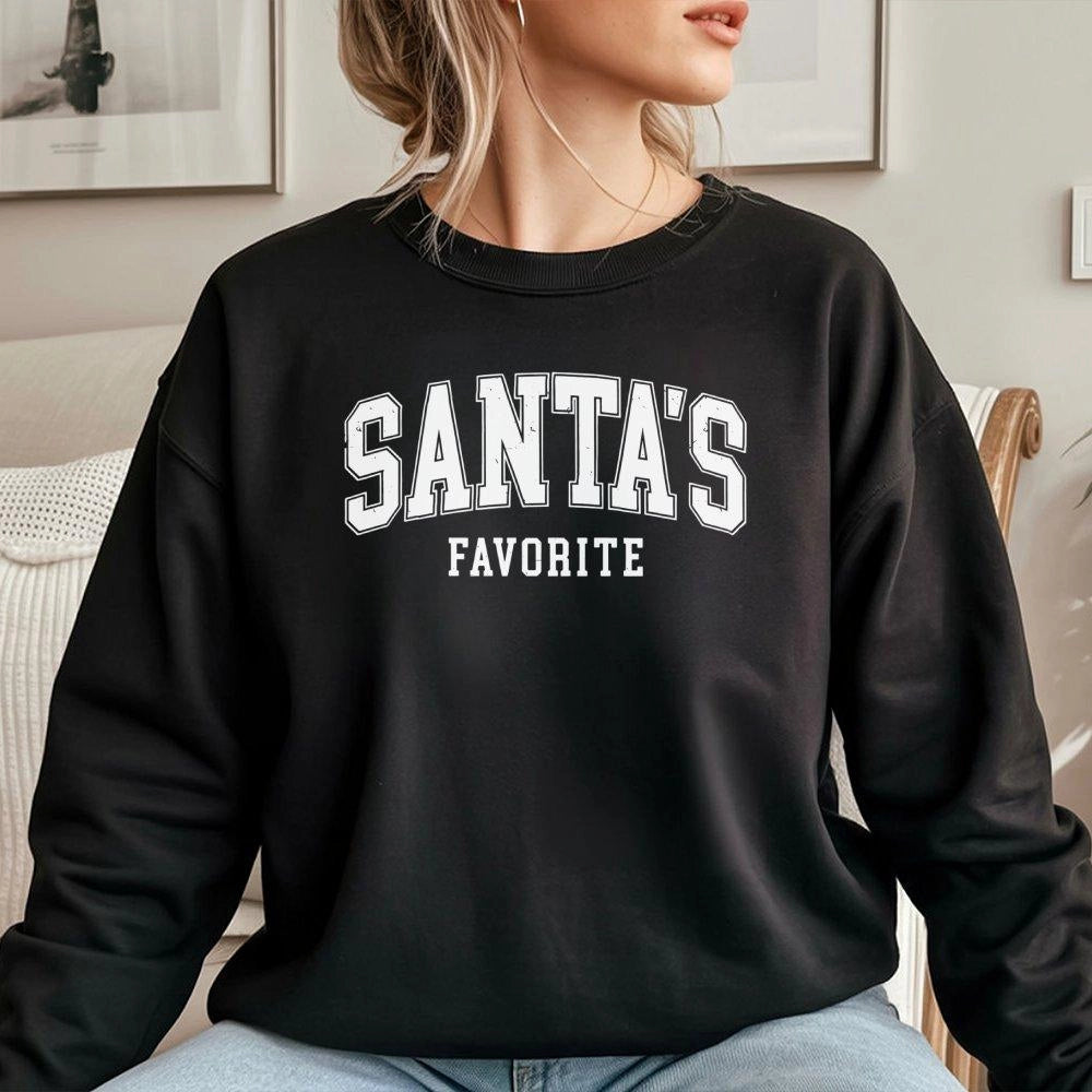 Retro Varsity Christmas Lettering Crewneck, Santa's Favorite Sweatshirt, Humorous Santa Claus Holiday Sweater, Comfy Merry Xm