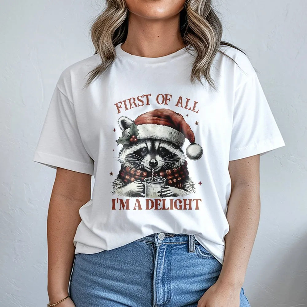 Humorous Holiday Raccoon Shirt, First of All I'm A Delight Raccoon Christmas T-Shirt, Adorable Animal Xmas Graphic Tee, Racco