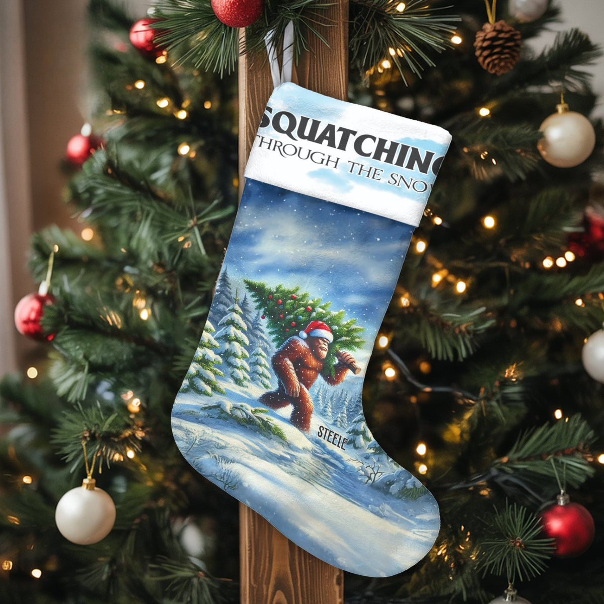 Bigfoot Holiday Stocking, Squatching Through the Snow Christmas Stocking, Personalized Christmas Stocking, Sasquatch Fireplac