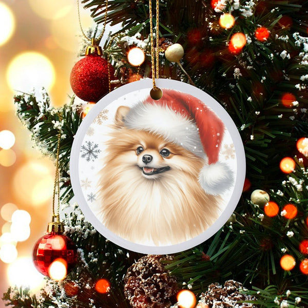 Adorable Pomeranian Santa Hat Ornament, Pomeranian Christmas Ornament, Ceramic Dog Tree Ornament, Festive Puppy Keepsake, Dog