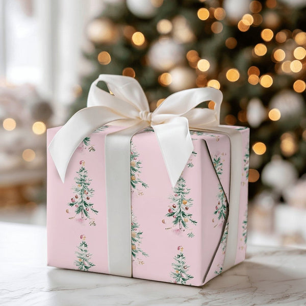 Watercolor Holiday Trees Gift Wrap, Pink Christmas Tree Wrapping Paper, Pastel Xmas Wrapping Paper, Girly Holiday Gift Wrappi