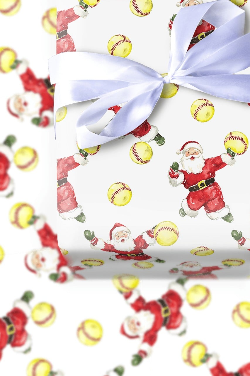 Sports Santa Holiday Gift Wrap Roll, Pitching Santa Softball Christmas Wrapping Paper, Fastpitch Present Paper, Athlete Gift 