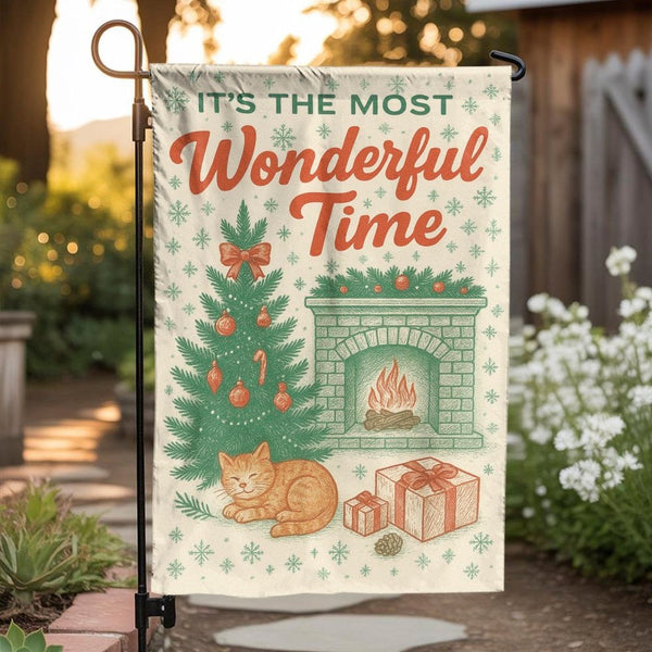Comfy Holiday Cat Yard Flag, Cat by Fireplace Christmas Garden Flag, Winter Kitten Garden Flag, Festive Lawn Banner, Pet Love