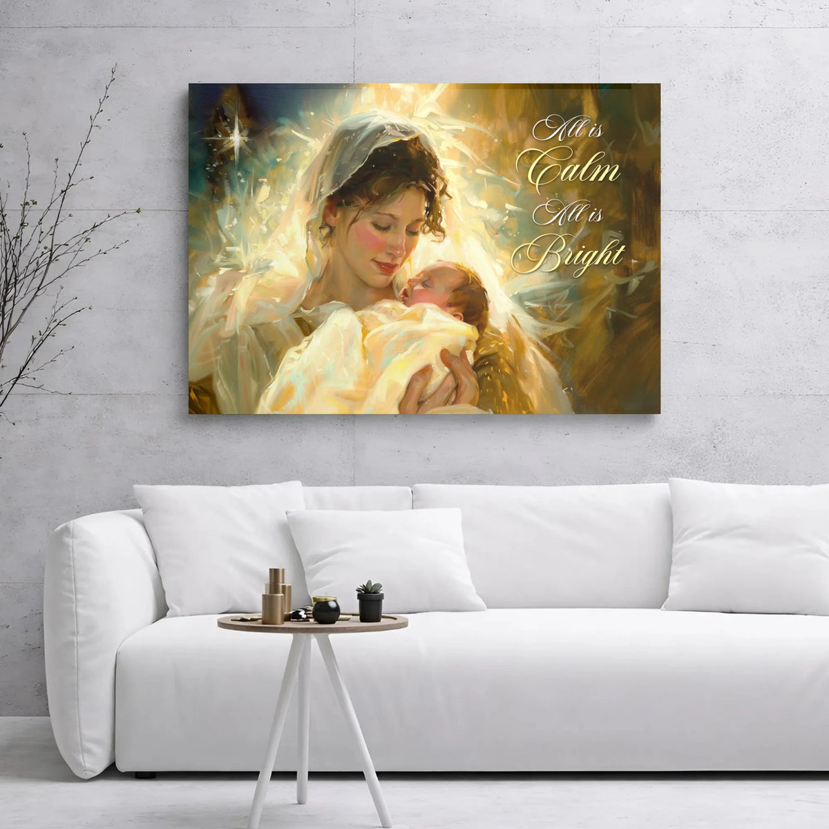 All Is Calm All Is Bright Print, Virgin Mary and Baby Jesus Canvas Art, Nativity Catholic Christmas Canvas Wall Decor