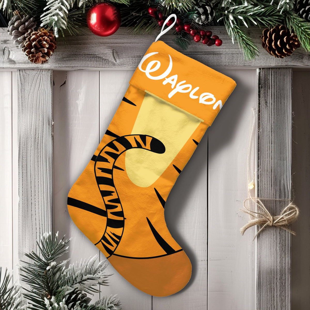 Custom Name Kids Holiday Stocking, Personalized Tiger Christmas Stocking, Velboa Animal Xmas Stocking, Fireplace Mantel Decor