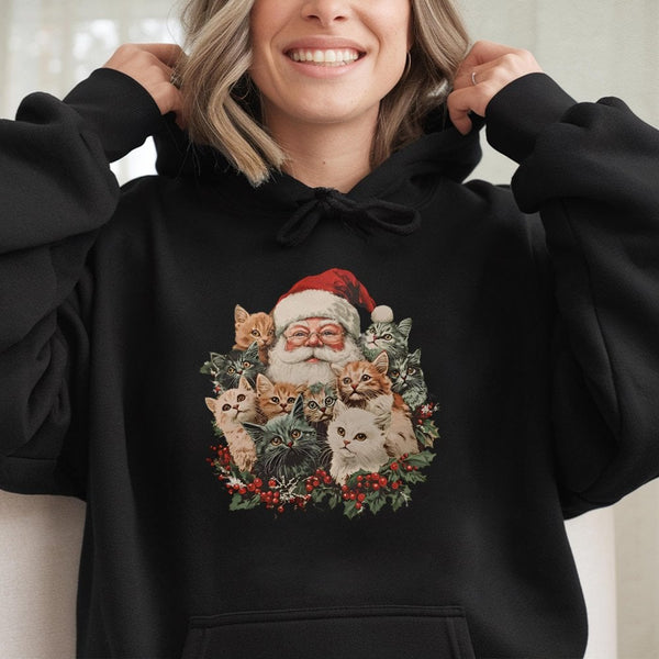 Retro Cat Lover Xmas Hooded Sweatshirt, Santa Claus and Kittens Christmas Hoodie, Comfy Holiday Cat Mom Pullover, Festive Win