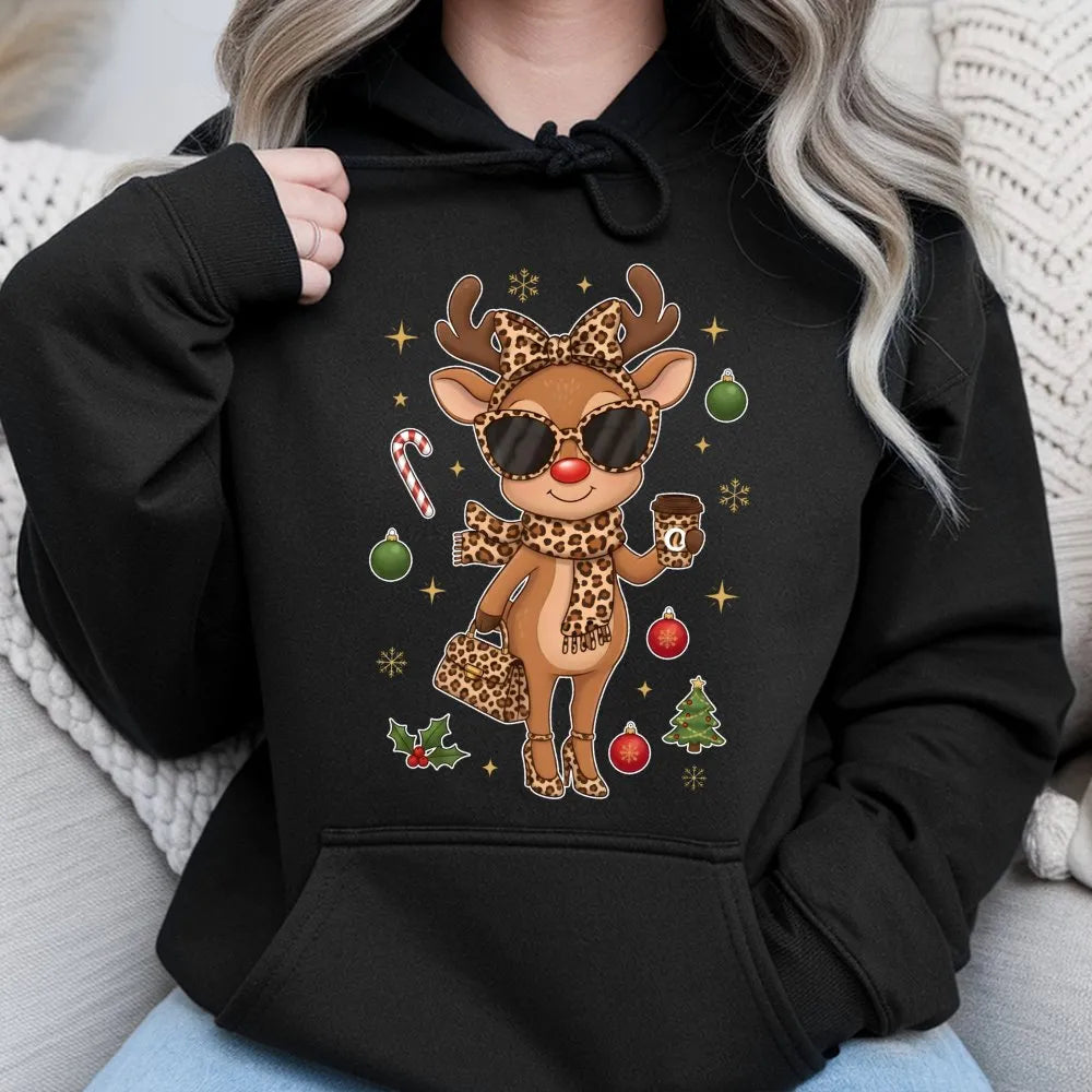 Leopard Print Christmas Hoodie, Boujee Reindeer Hoodie, Adorable Holiday Reindeer Hoodie, Festive Winter Sweatshirt, Xmas Pre