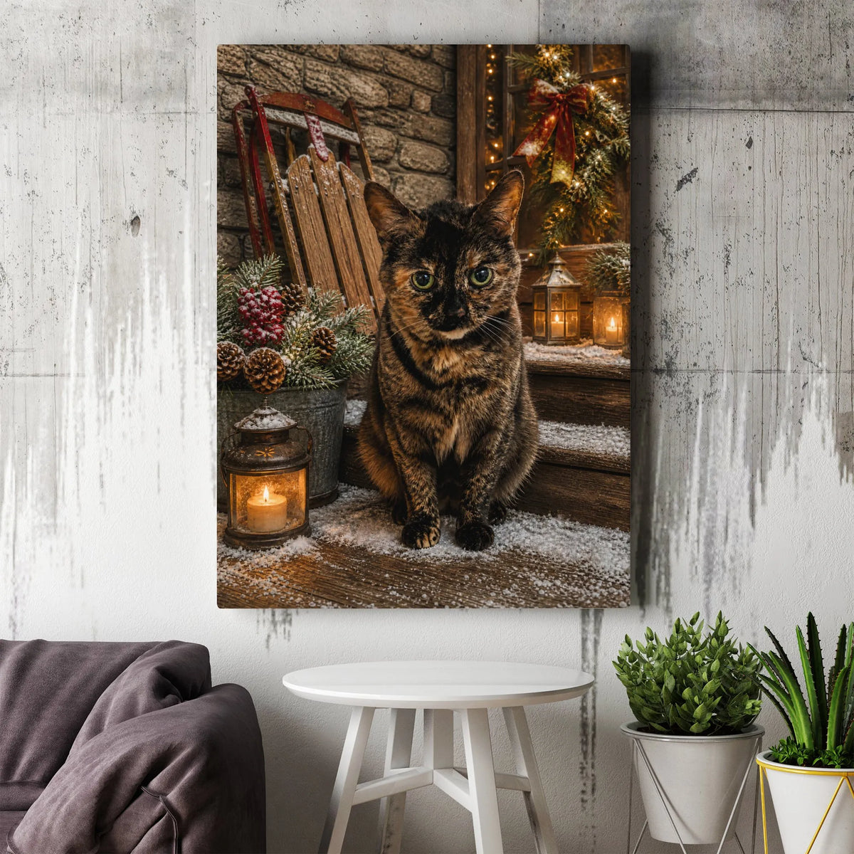 Tortoiseshell Cat Holiday Wall Art, Christmas Cat Canvas Print, Comfy Winter Cat Canvas, Rustic Christmas Porch Wall Decor, C