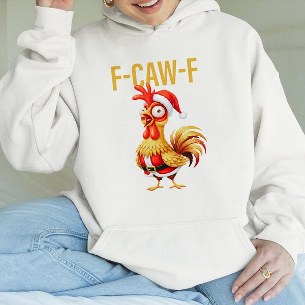 Santa Rooster F-CAW-F Graphic Hoodie, Humorous Christmas Chicken Hoodie, Holiday Farm Humor Sweatshirt, Festive Chicken Lover