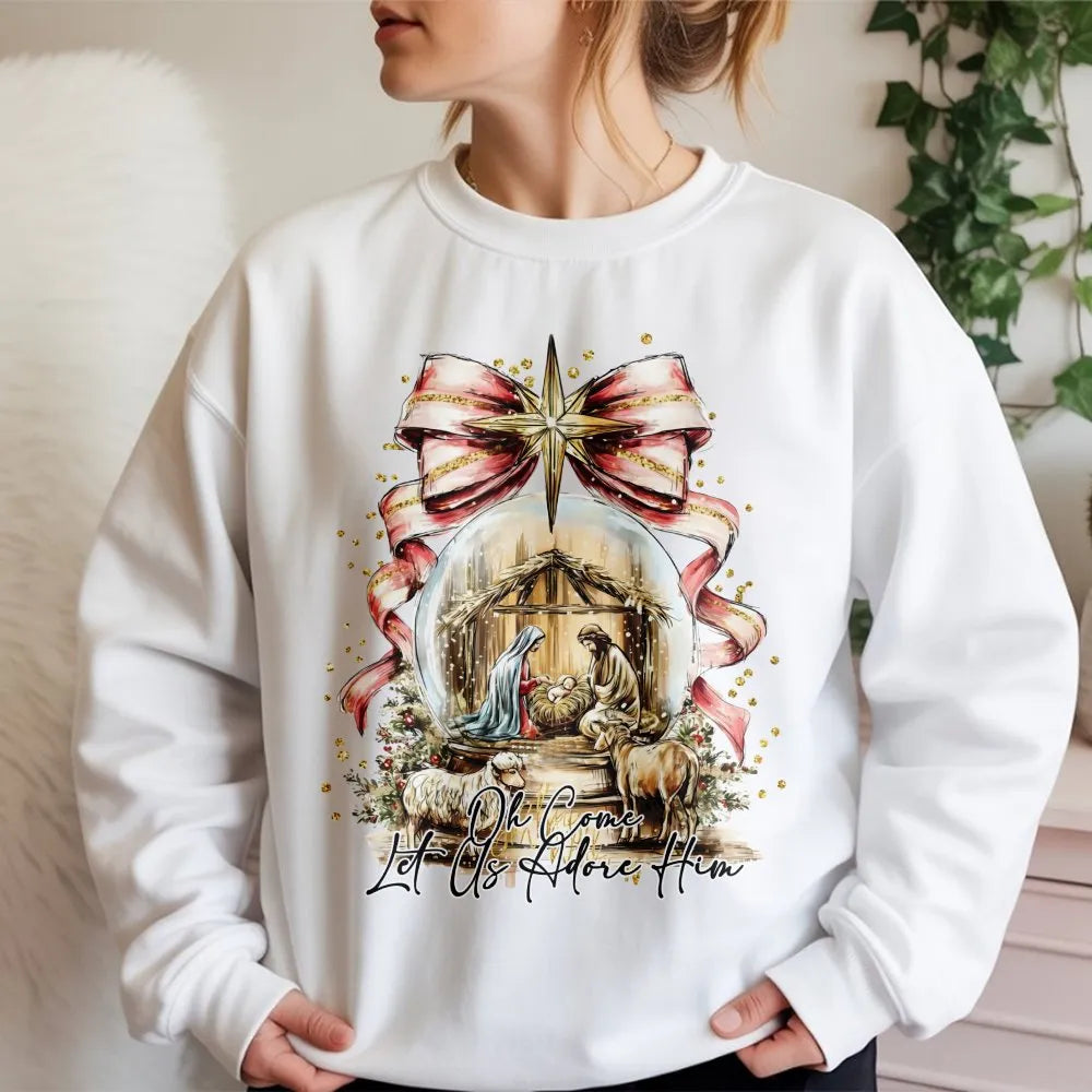 Watercolor Nativity Scene Crewneck, Oh Come Let Us Adore Him Sweatshirt, Christian Holiday Sweater, Religious Christmas Sweat