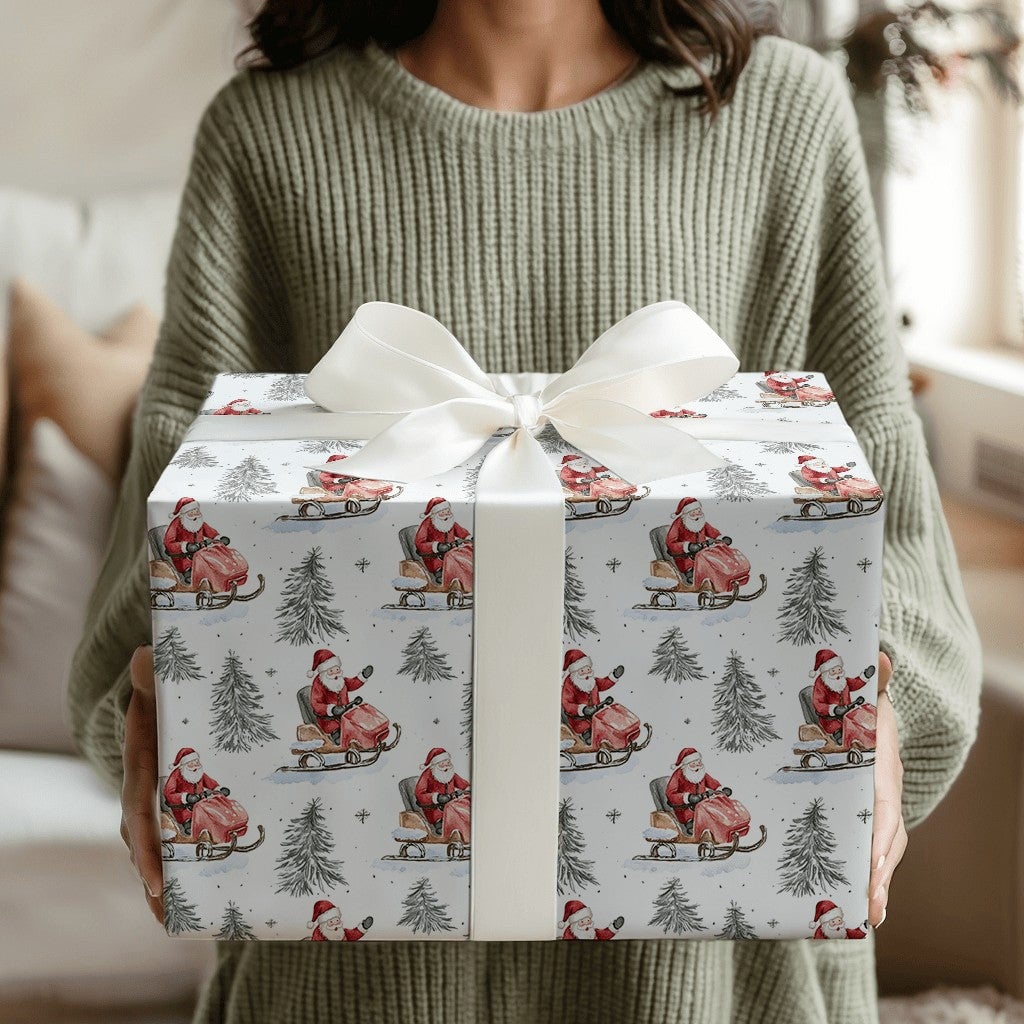 Watercolor Winter Sports Gift Wrap, Santa on Snowmobile Wrapping Paper, Red Vintage Santa Wrapping Paper, Christmas Present P