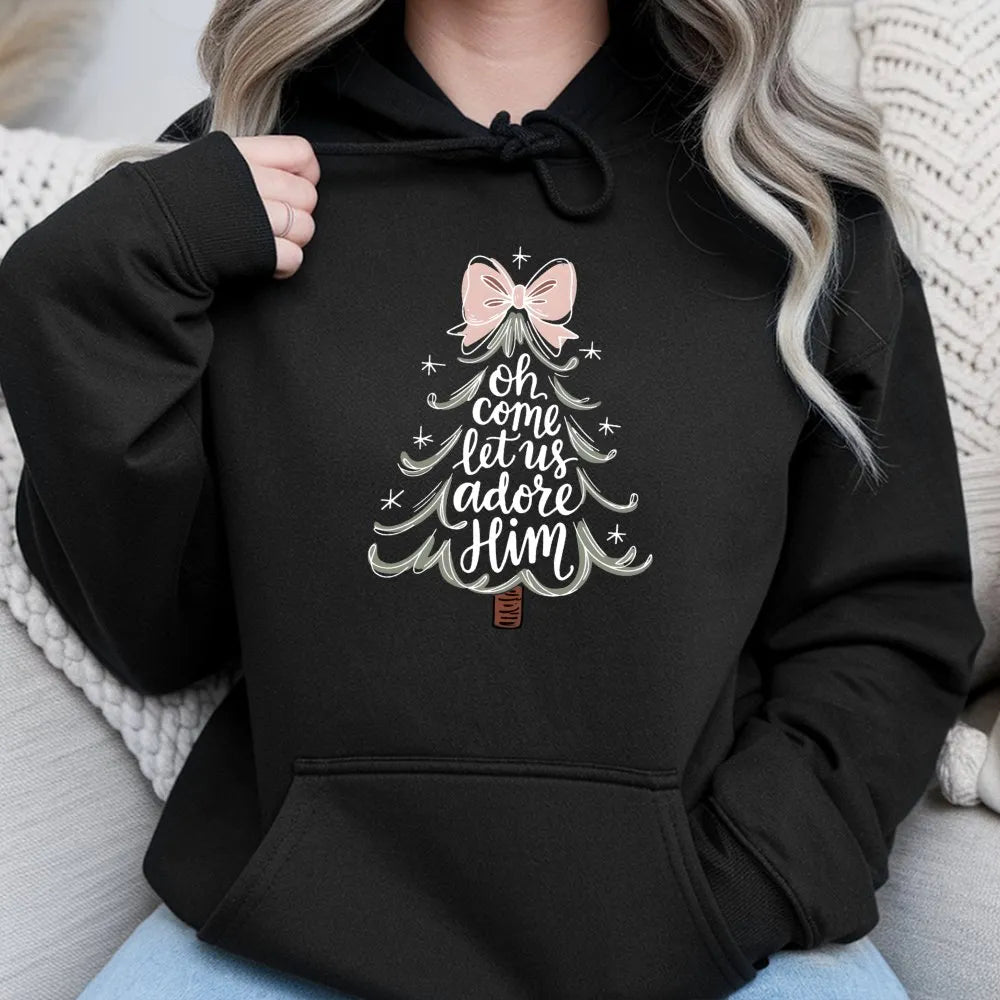 Christian Christmas Tree Hoodie, Oh Come Let Us Adore Him Hoodie, Religious Holiday Sweatshirt, Faith Based Xmas Pullover Hoo