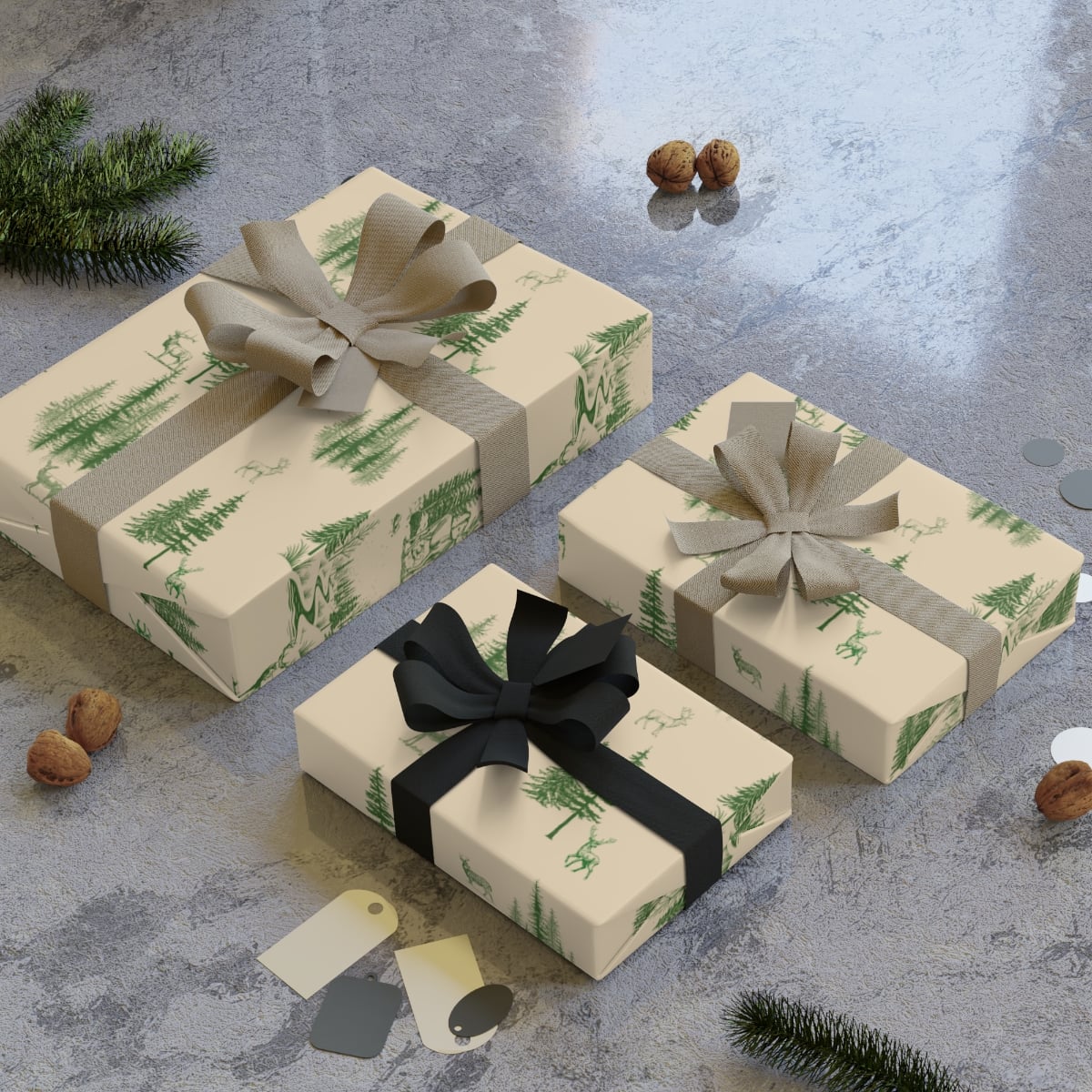 Pine Tree Forest Nature Gift Wrap Roll, Rustic Woodland Deer Wrapping Paper, Cabin Christmas Wrapping Paper, Holiday Present 
