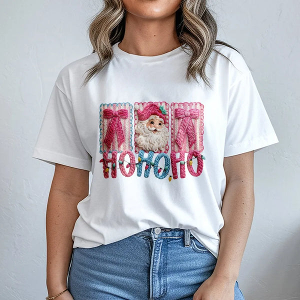 Faux Yarn Stitched Santa Shirt, Pink Santa Claus T-Shirt, Festive Ho Ho Ho Graphic Tee, Retro Pink Christmas Tee, Holiday Pre