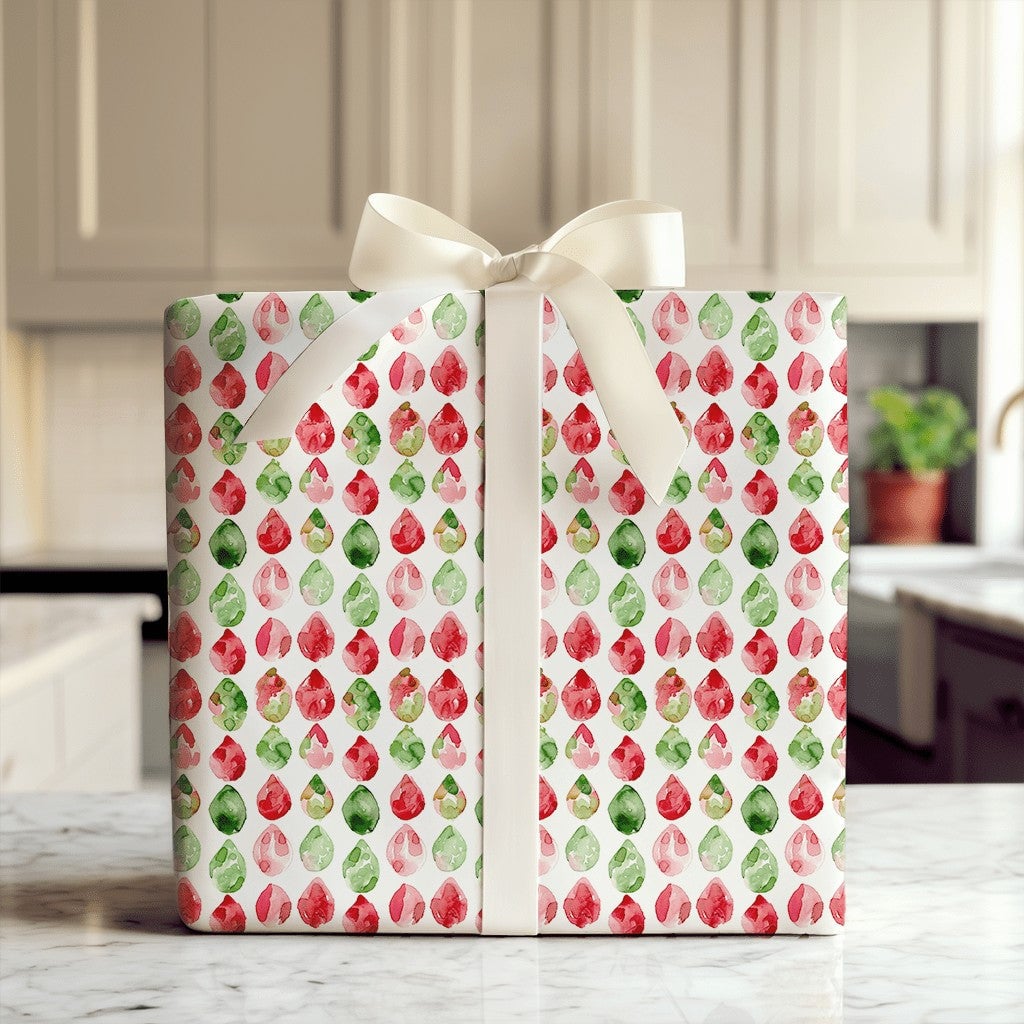 Red and Green Christmas Gift Wrap, Watercolor Gem Teardrop Wrapping Paper, Retro Holiday Teardrop Wrapping Paper, Festive Gif