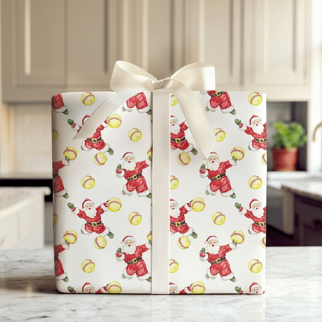 Sports Santa Holiday Gift Wrap Roll, Pitching Santa Softball Christmas Wrapping Paper, Fastpitch Present Paper, Athlete Gift 